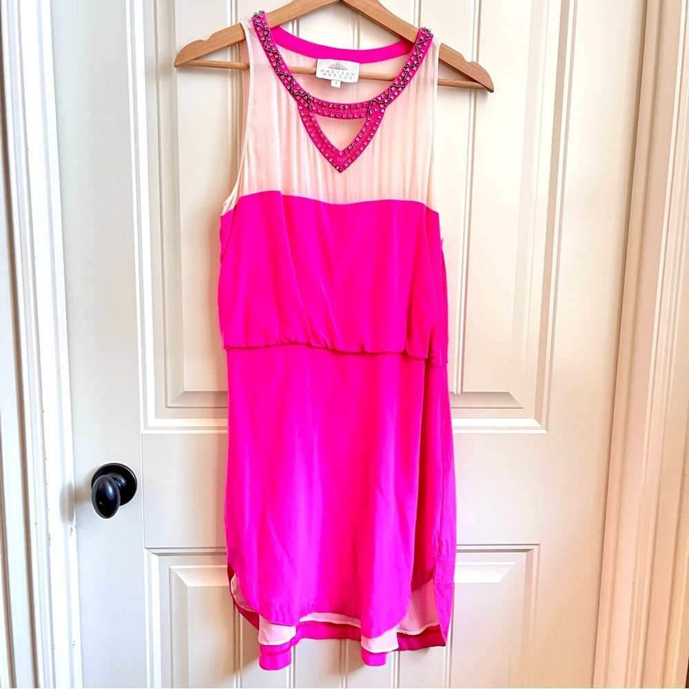 Madison Marcus Silk Dress in Pink and Cream rhinestone neckline size small